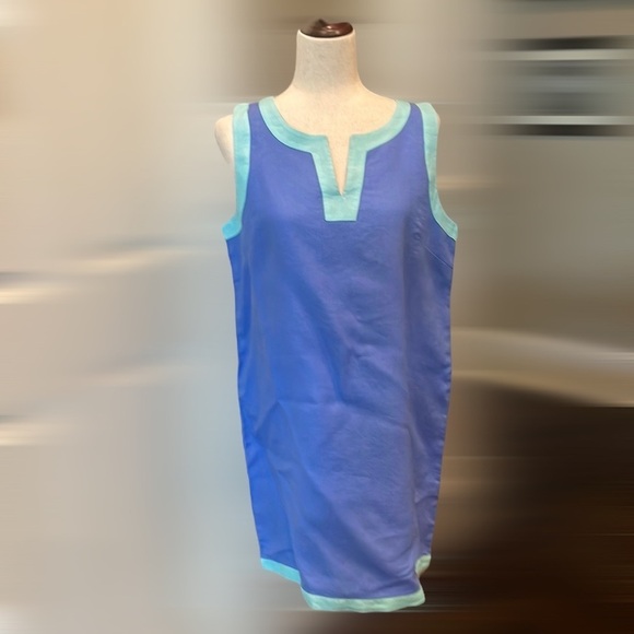 100% Linen Sigrid Olsen Sleeveless V-Neck Dress Blue/Green L - Picture 1 of 6